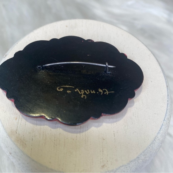 Antique Brooch Hand Painted Floral Open C Clasp Cyrillic Artist Signed '92 - Picture 6 of 6